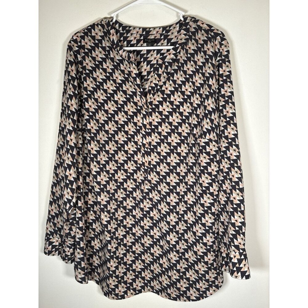 TALBOTS‎ Geometric Blouse Top V Neck Long Sleeve Black Peach Quiet Luxury 2XL